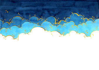 Abstract watercolor hand painting illustration in cloud and star concept. Bright blue wavy background. High resolution. Design for card, cover, print, web.