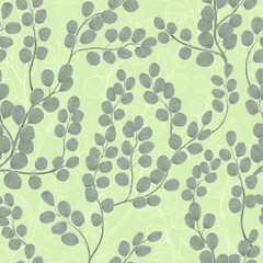 Eucalyptus branch with leaves vector hand drawn seamless pattern. Watercolor imitation. Background with eucalyptuswith line art silhuettes. Best for wrapping paper, wallpaper or textile © Juri Kam