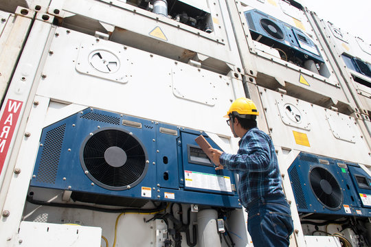 Man Reefer Container Technician Is Keep Monitoring Temperature Frozen Cargo A The Port.