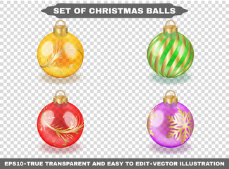Colorful xmas balls with different golden patterns