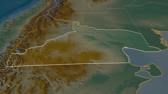 R&iacute;o Negro, province with its capital, zoomed and extruded on the relief map of Argentina in the conformal Stereographic projection. Animation 3D