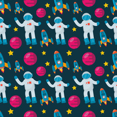 astronaut with spaceship seamless pattern vector illustration background