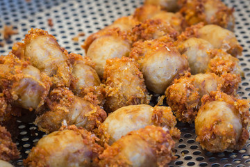 Sausages are fried, colorful, delicious