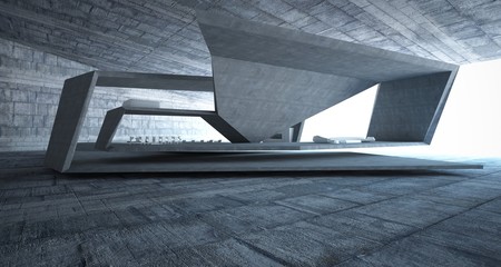 Abstract architectural concrete interior of a minimalist house with swimming pool. 3D illustration and rendering.