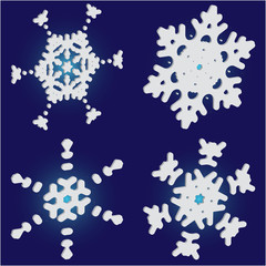 Kit of simple, beautiful snowflakes on blue background.