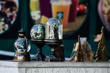 Various decorative objects sold in a souvenirs shop at the bazaar of the Old city of Jerusalem 
