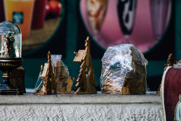 Various decorative objects sold in a souvenirs shop at the bazaar of the Old city of Jerusalem 