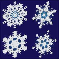 Kit of isolated  silhouettes of snowflakes on blue background.