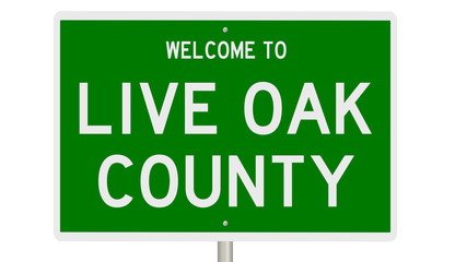 Rendering of a green 3d highway sign for Live Oak County