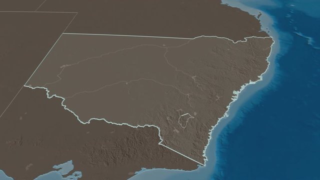 New South Wales, state with its capital, zoomed and extruded on the administrative map of Australia in the conformal Stereographic projection. Animation 3D