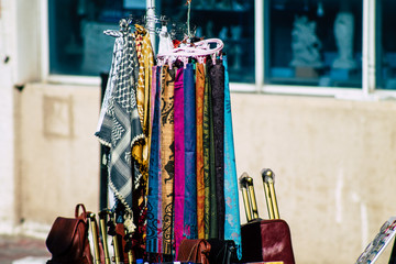 Various decorative objects sold in a souvenirs shop at the bazaar of the Old city of Jerusalem 