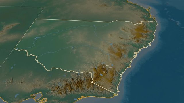 New South Wales, state with its capital, zoomed and extruded on the relief map of Australia in the conformal Stereographic projection. Animation 3D