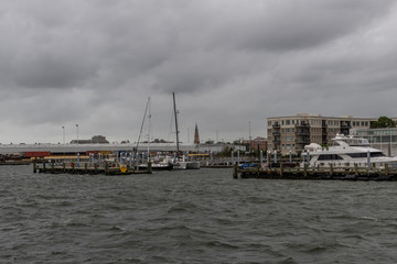 Fototapeta premium Scenic Charleston waterfront vista on a heavily overcast rainy day, South Carolina