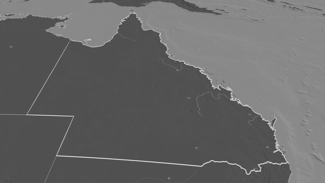 Queensland, state with its capital, zoomed and extruded on the bilevel map of Australia in the conformal Stereographic projection. Animation 3D