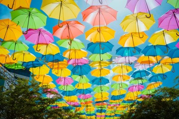 Obraz na płótnie Canvas umbrella colors summer weather yellow sojo blue sky rain beach