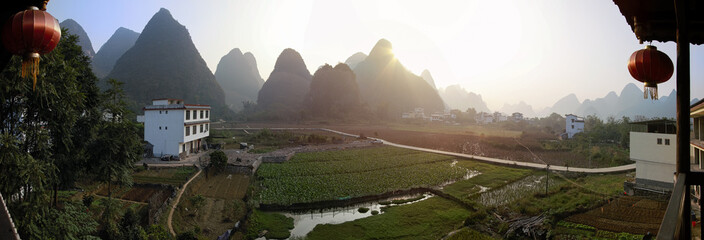 Sunrise over the countryside in Yangshuo, Guanxi province