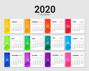 2020 New year calendar, Colorful gradient . Week Starts Sunday. vector template.