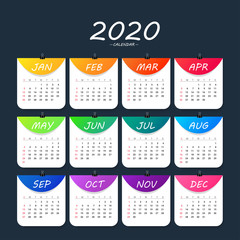 Calendar for 2020 year, colorful gradient template.  Vector illustration.