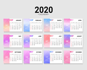 2020 New year calendar, Pastel gradient. Week Starts Sunday. vector template.