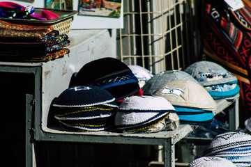 Various decorative objects sold in a souvenirs shop at the bazaar of the Old city of Jerusalem 