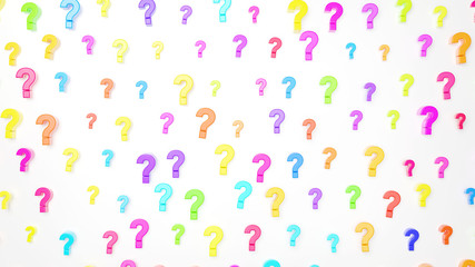 カラフルなクエスチョンマークが複数並んだ画像。３Dレンダリング。
