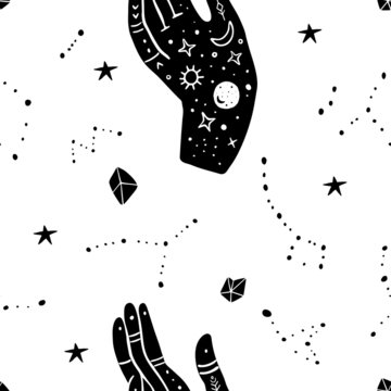 Vector seamless pattern of mystic mudra hands, cosmos, constellation, moon and stars. Great for fabric, wrapping paper. Aztec stile, tribal art, ethnic collection, design isolated on white background.