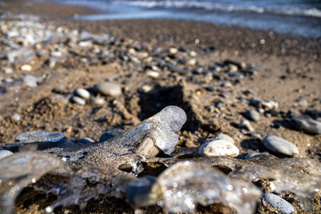 Ice shapes on the beach from rocks and pebbles in the winter