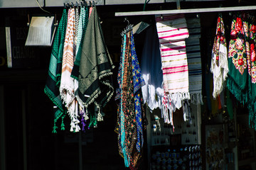 Various decorative objects sold in a souvenirs shop at the bazaar of the Old city of Jerusalem 