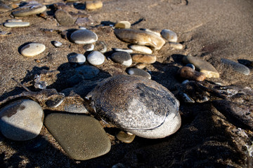 Frozen shapes of rock and sand in the beach in the winter