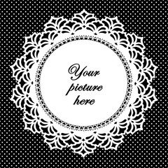 Lace Doily Picture Frame, vintage round design, white polka dots on black background, EPS vector file includes polka dot pattern swatch that seamlessly fills any shape, copy space.  
