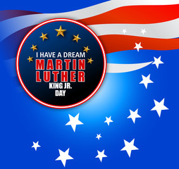 Typography design with words on the text MLK in American Flag colors on an isolated black background