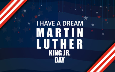 Typography design with words on the text MLK in American Flag colors on an isolated black background - obrazy, fototapety, plakaty