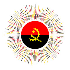 Angola sign. Country flag with colorful rays. Radiant sunburst with Angola flag. Vector illustration.