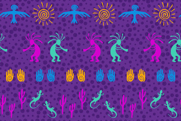 Aborigine, design with trickster god, swirl icons on human palm, sun, eagle.