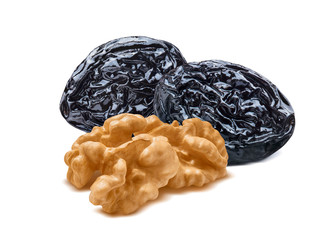 Walnut nuts and prunes isolated on white background