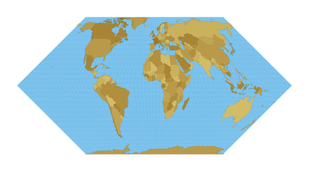 World Map. Eckert II projection. Map of the world with meridians on blue background. Vector illustration.