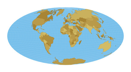 World Map. Aitoff projection. Map of the world with meridians on blue background. Vector illustration.