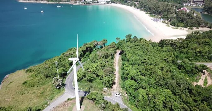 Aerial view at the windmill in Phuket near nai harn beach with andaman sea