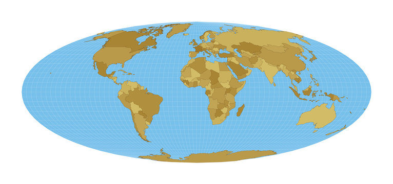 World Map. Bromley projection. Map of the world with meridians on blue background. Vector illustration.