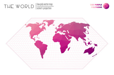 Vector map of the world. Eckert I projection of the world. Red Purple colored polygons. Contemporary vector illustration.