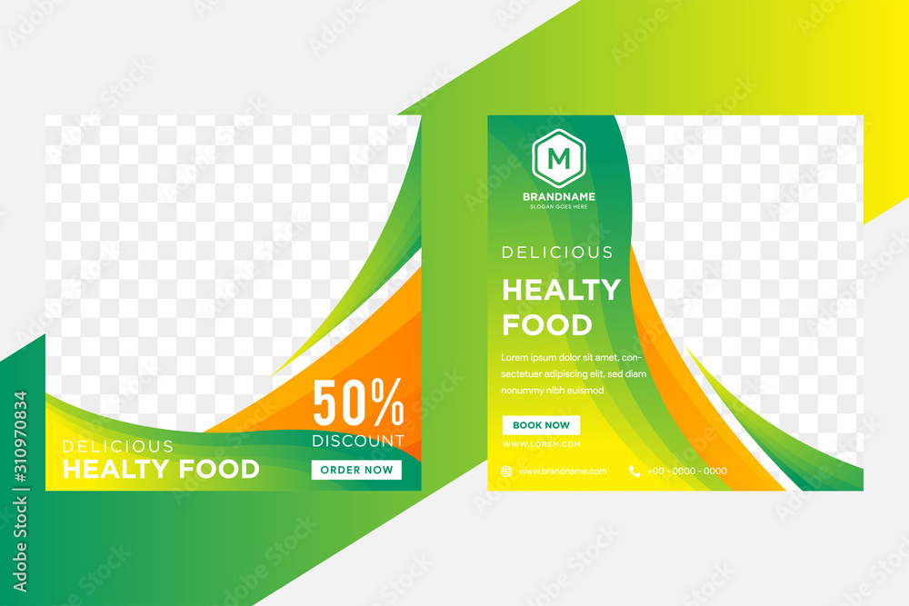 Poster Editable modern minimal square banner templates. green and orange background color with curve shape. Suitable for social media post and web/internet ads with photo college. delicious healthy food