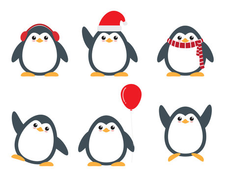 Cute penguin cartoon characters set in different poses on white background