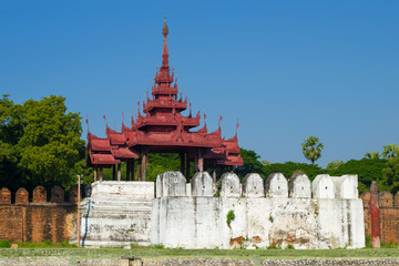 Ancient bastion of the fortress wall of the old city on a sunny day. Mandalay, Burma