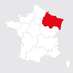 Grand Est province marked red on france map. Gray background.