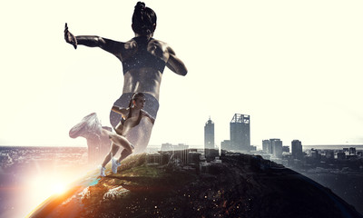 Sport woman running race. Mixed media