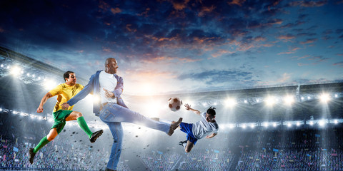 Soccer man in action with ball. Mixed media