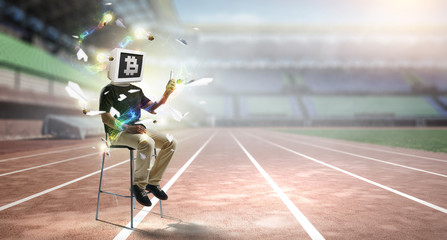 Monitor headed businessman. Mixed media