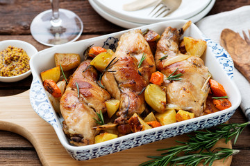 Stewed in white wine with spices rabbit legs with baked vegetables and rosemary.