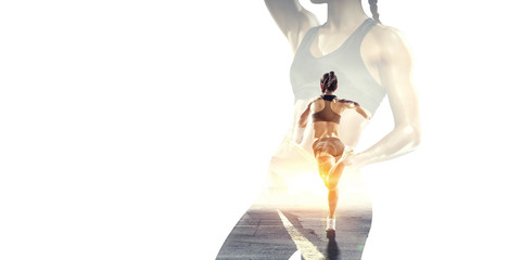 Athlete woman on white. Mixed media