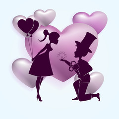 A composition of a purple hue from hearts and a dark silhouette of a guy in a hat and a girl with balls